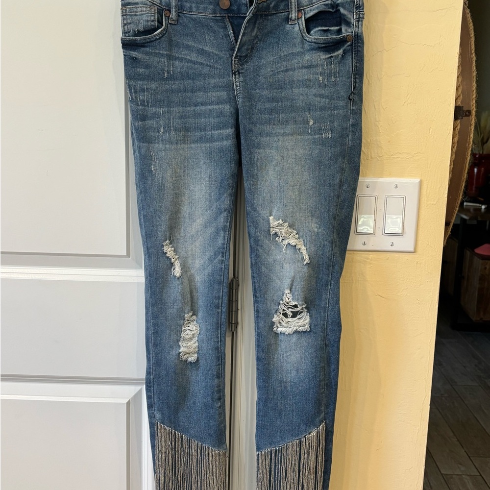 Boston Proper Blue Distressed Fringe Skinny Jeans